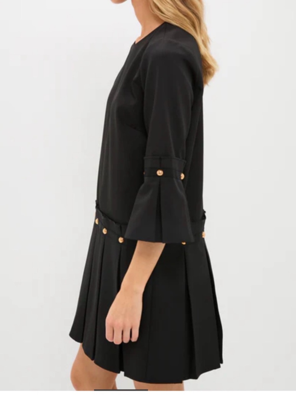 Tuckernuck Black Pleated Mini Dress with Gold-Tone Button Detail - Picture 4 of 13